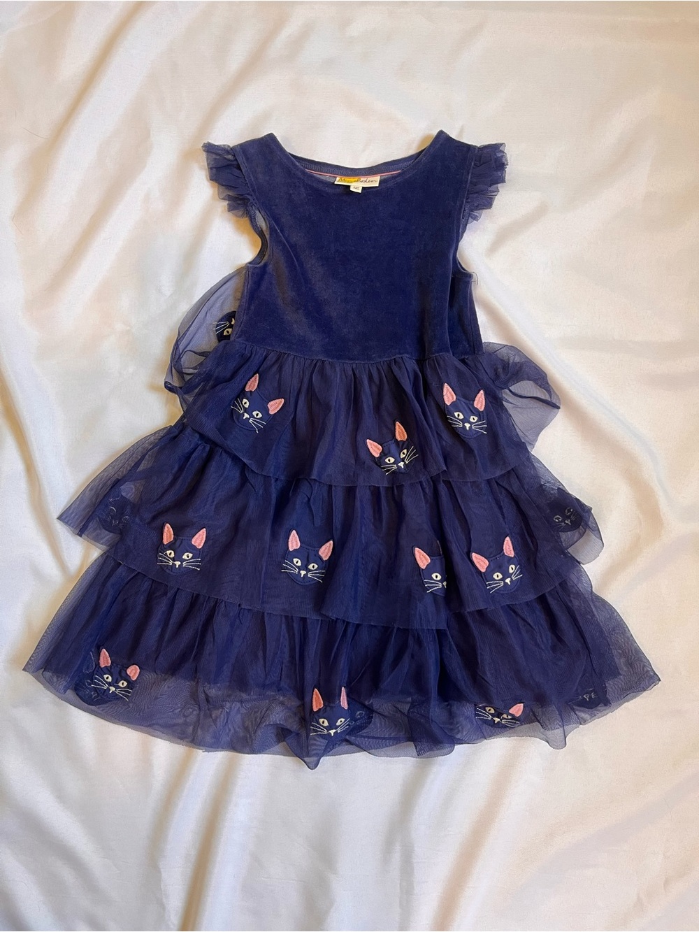 Mini Boden Navy Tulle Dress with Pink Cat Appliqués